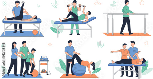 Physical Therapy and Rehabilitation Vector Illustration Set Featuring Patients with Therapists Performing Exercises, Stretching, Mobility Training, and Recovery Treatments in Clinical Healthcare Setti