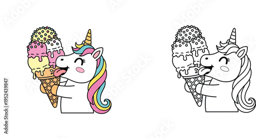 Cute Unicorn Eating Giant Ice Cream Coloring Page and Color Version for Kids, Fantasy Magic Animal Vector Illustration with Dessert for Educational Activity and Creative Summer Fun