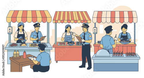 Police officers interacting with food vendors at market stalls.