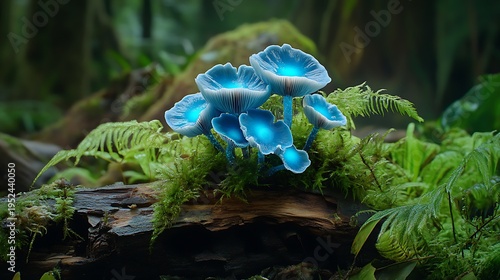 Luminous blue mushrooms blooming in enchanted forest nature close-up tranquil environment captivating scene