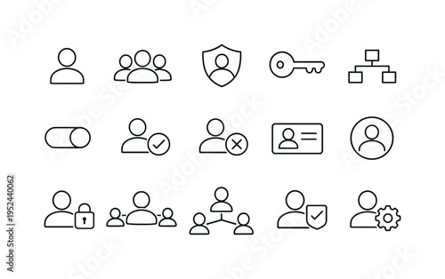 Minimal line icons for user accounts, groups, security shield, key access, network structure, profiles, verification, lock privacy, and settings controls