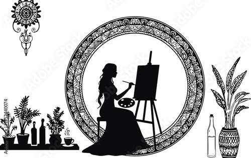 Artist woman painting on easel silhouette with mandala frame, potted plants, and studio accessories for creative workshop and art branding.