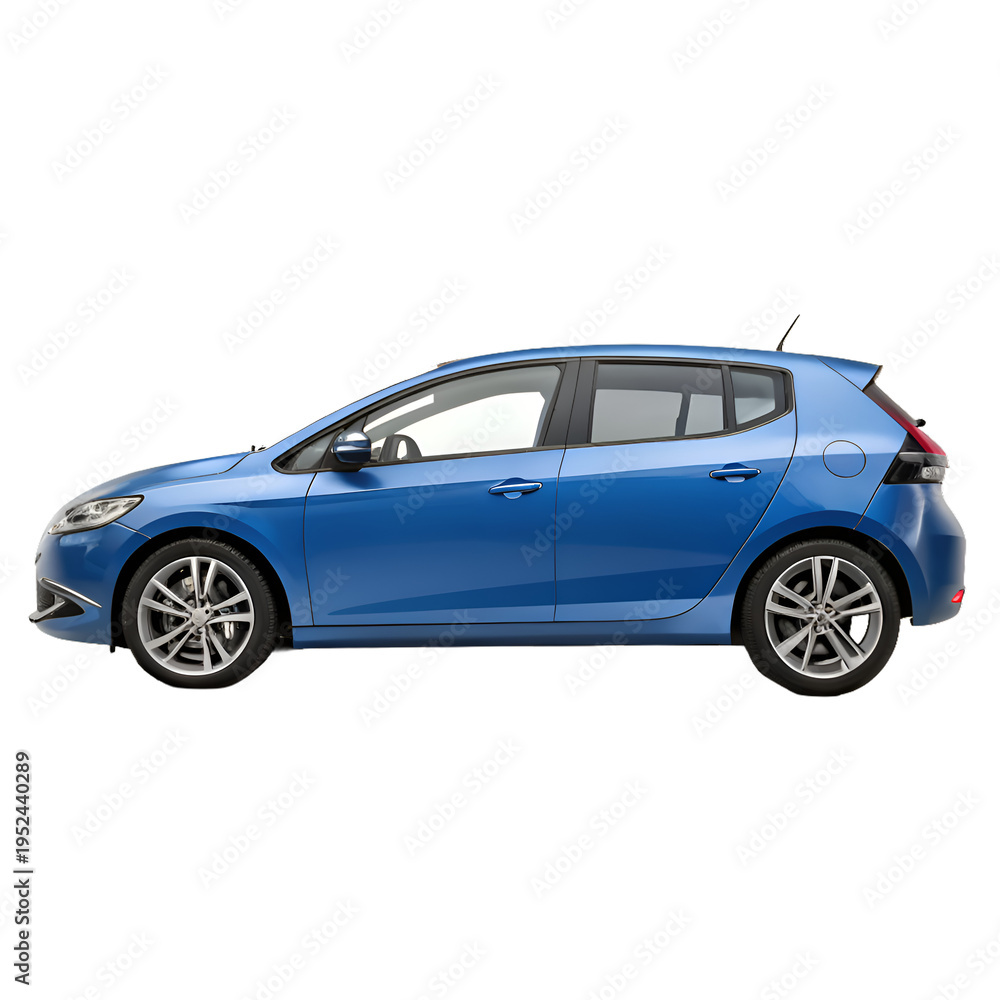 Obraz premium Side view of a generic blue hatchback car on white background