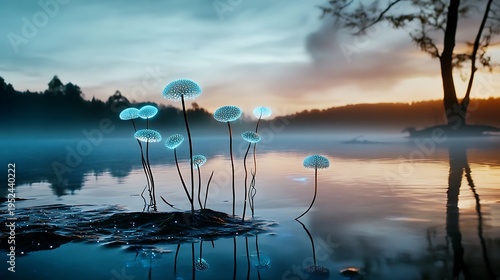 Enchanting bioluminescent mushrooms at dawn by the tranquil lake surreal nature scene dreamy atmosphere