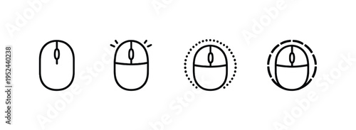 Minimal black computer mouse icons showing click states and selection highlights on a gray background, representing user interface interaction controls