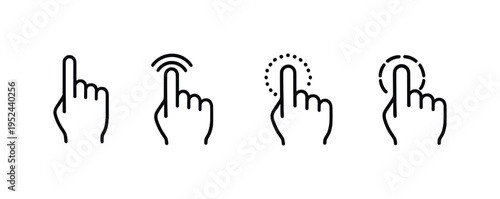 Minimal black touchscreen gesture icons showing tap, double tap, long press, and swipe with fingertip outlines on a soft gray background