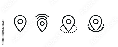 Minimal black location pin icons on a gray gradient background, showing different navigation and tracking markers for mapping and positioning concepts