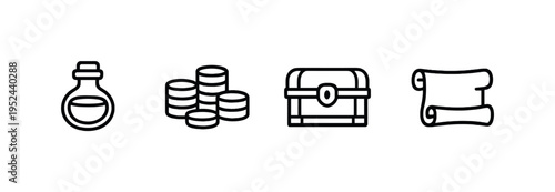 Minimal black line icons of potion bottle, stacked coins, treasure chest, and parchment scroll on a dark gradient background for fantasy game UI