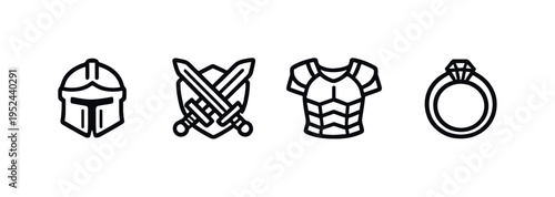 Minimal line icon set on gray background showing a helmet, crossed swords, chest armor, and a diamond ring in a simple monochrome style
