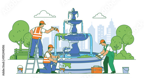 Workers repairing and cleaning a large ornate fountain in a park setting.