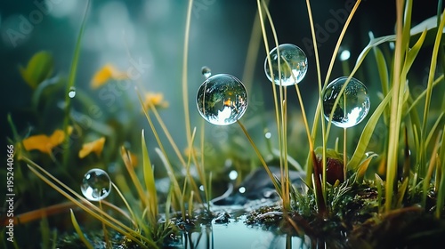 Droplets on grass nature scene close-up photography tranquil environment macro view serenity and reflection