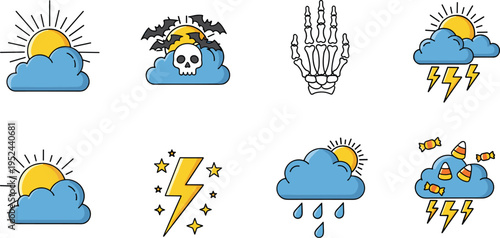 Halloween weather icon set with spooky clouds, thunder, sun, lightning, skull, bats, skeleton hand, and candy corn for holiday forecast design.
