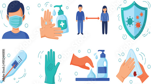Health Safety and Coronavirus Prevention Vector Illustration Set Featuring Face Mask, Hand Washing, Sanitizer, Gloves, Social Distancing, Thermometer, and Virus Protection Shield Icons.