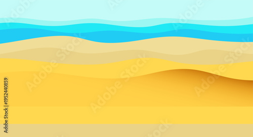 Minimalist vector illustration of a beach landscape featuring layered wavy shapes of sky, blue ocean water, and golden sand dunes, creating a serene, calm atmosphere.