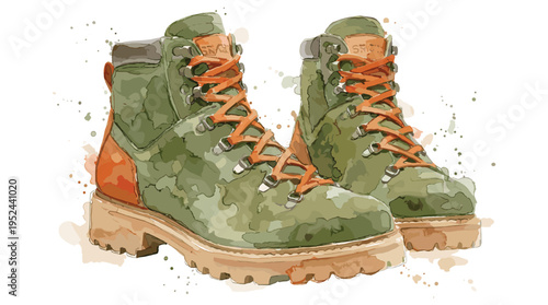 Pair of green hiking boots with orange laces watercolor illustration