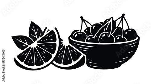 Bowl of cherries with orange slices and leaves