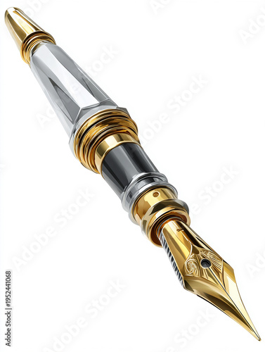 This illustration features a sophisticated fountain pen with a shiny silver and gold design. The nib is intricately detailed, highlighting the craftsmanship of the writing instrument.
