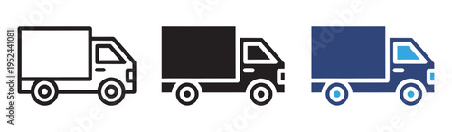 Delivery Truck Icon Set Vector Collection with Cargo Vehicle, Shipping Transport and Logistics Symbols in Outline and Solid Styles