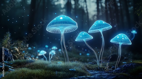 Bioluminescent fungi display enchanted forest nature photography nighttime magical atmosphere