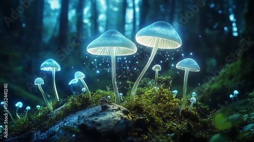 Bioluminescent mushrooms illuminate enchanted forest nature photography dreamlike environment close-up view