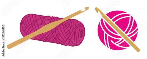 Pink yarn balls with wooden crochet hooks for handmade textile crafts