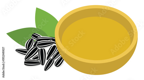 Sunflower oil in wooden bowl next to pile of striped seeds and leaf