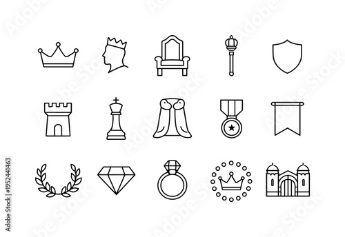 Minimal line icon set of royal symbols including crown, king profile, throne, scepter, shield, castle, chess piece, medal, ring, and laurel