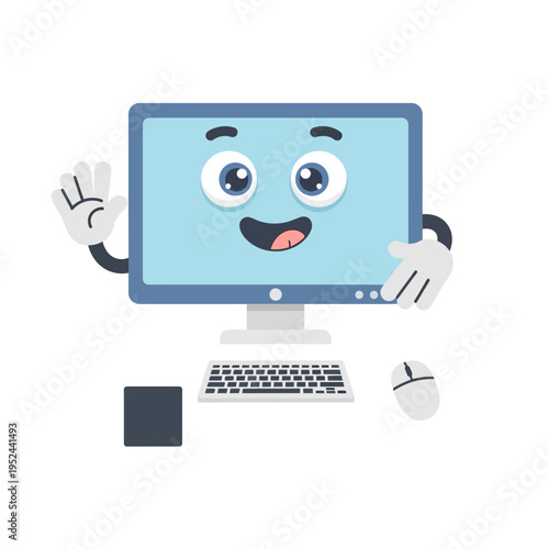 Friendly Computer Character Waving Hello, Cartoon Monitor with Arms and Legs