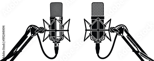 Two studio condenser microphones with shock mounts and boom arms black silhouettes
