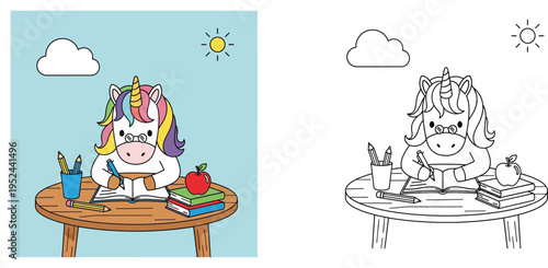 Cute Unicorn Student Studying and Writing at Desk with Books and Apple Coloring Page and Color Version for Kids Education, Magic Animal Vector Illustration for Creative School Activity