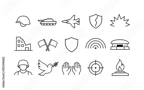 Minimal line icon set of war and peace symbols including helmet, tank, jet, shields, explosion, ruined building, flags, dove, hands, target, flame