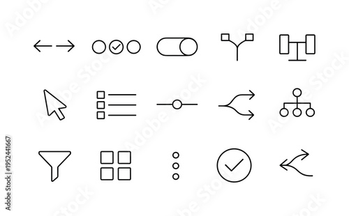 Minimal black line interface icon set featuring navigation arrows, cursor pointer, toggle switch, checkmarks, sliders, filter, and flowchart symbols