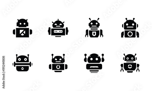 Collection of eight unique robot icons in black and white