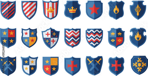 Set of medieval shield icons with heraldic symbols, royal crowns, stars, crosses, and swords for game interface design on white background.