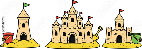 Minimalist beach sandcastle icons featuring various tower shapes and play tools for summer camp and outdoor activity graphics