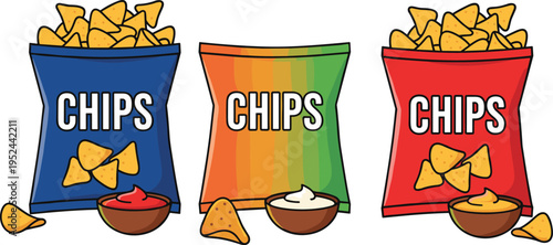Set of colorful potato chips bags with various flavors and dipping sauces in flat vector cartoon style.