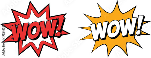 Two comic book wow exclamation bubbles in red and orange colors isolated on transparent background grid