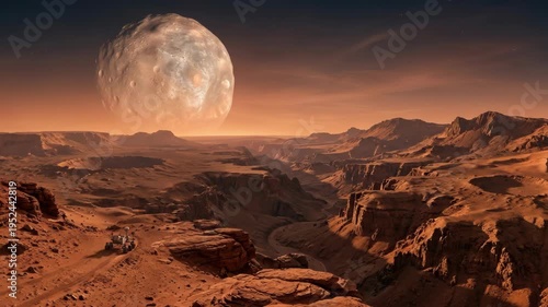 Alien planet landscape with a large moon and a rover exploring a canyon.