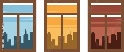 Vector illustration of city skyline through windows showing daytime, sunset, and nighttime urban scenes with colorful skies