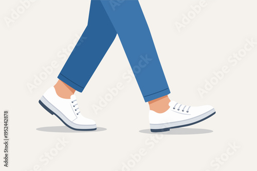 Person taking steps forward, legs moving in blue pants and white sneakers, traveling, walking, journey concept