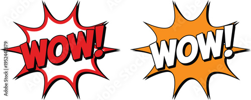 Comic wow speech bubble set with red and yellow explosion shapes for pop art style creative projects