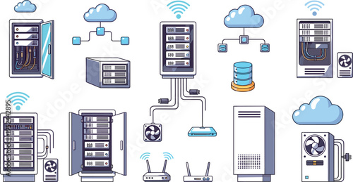 Cloud Computing and Server Infrastructure Vector Illustration Set Featuring Data Center Racks, Network Connections, Database Storage, Hosting Systems, and Wireless Technology Elements.