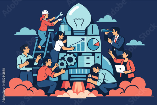 Business team collaboratively building a startup rocket, achieving innovation, growth, and project launch success