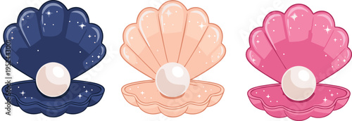 Vector illustration of colorful clam shells with shiny pearls and sparkles, decorative ocean treasure design for fantasy themes