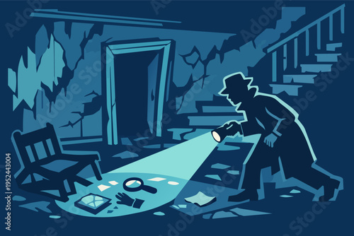 Detective investigating crime scene finding clues with flashlight in dark mysterious abandoned house basement