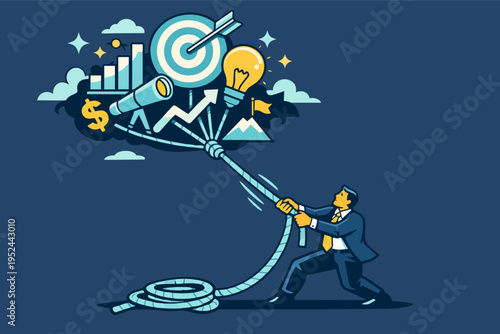 Businessman pulling rope containing business goals and strategy icons representing effort in achieving success