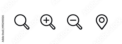 Minimal dark interface icons showing search, zoom-in, zoom-out and location pin controls arranged horizontally on a gray background with soft shadows