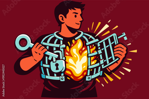 Man unlocking his inner freedom, releasing passion and potential, breaking free from mental barriers