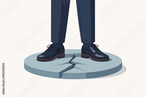 Businessman standing on cracking foundation, illustrating instability, corporate fragility, and looming business crisis