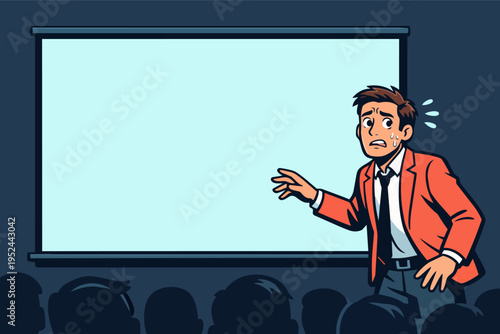 Man suffering presentation anxiety, looking distressed in front of an audience with a blank projector screen
